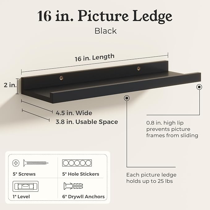Black Picture Ledge Shelves for Wall, 4.5" Deep Wood Floating Shelves with Lip for Bedroom, Living Room, 16" Width, Color Black Set of 2