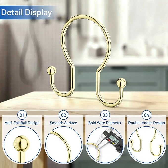 OEH Shower Curtain Hooks, 12 Pcs Minimalist Shower Curtain Rings, Metal Shower Curtain Hangers, Double Hook Gold Shower Curtain Hooks Rust Proof, Smooth Glide Shower Hooks for Shower Curtain Rod, Gold
