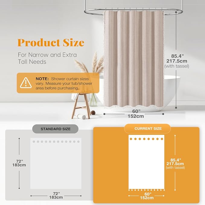 60 x 84 Boho Linen Heavy Duty Cloth Shower Curtain Set, Tan/Taupe | Narrow Long Size, 330GSM Linen Blend, Water Repellent, Vintage Striped Fabric, 10 Hooks, Rustic Country, Machine Washable
