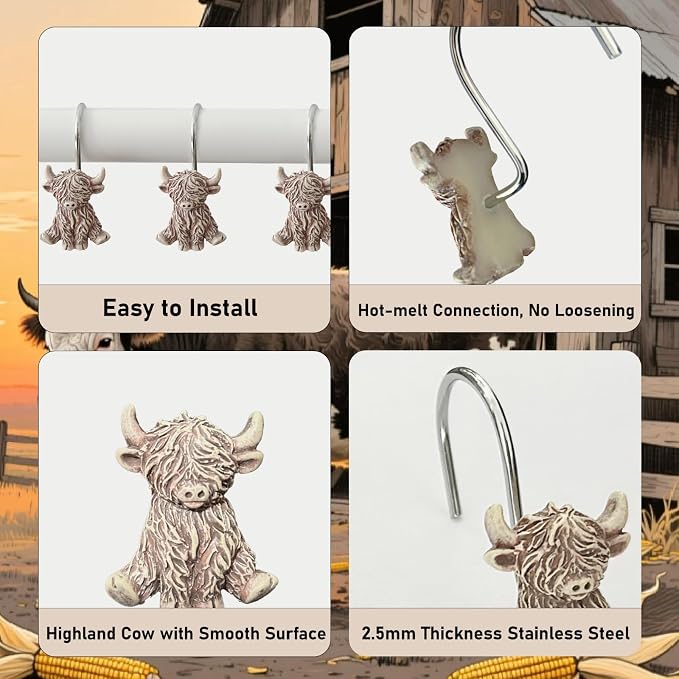 12 Pcs Highland Cow Shower Curtain Hooks for Western Rustic Bathroom Decor | Farmhouse Rings Hangers Rust Resistant Highland Cow Decor for Restroom Vintage Cowboy Bathroom Resin and Stainless Steel Hook