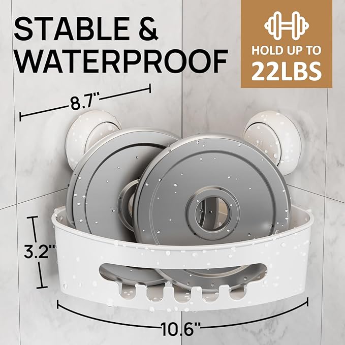 Corner Shower Caddy Suction Cup, shower shelves suction cup, White | 2 Pack Basket Bathroom, Waterproof & Oil-proof Organizer,No-Drilling Removable