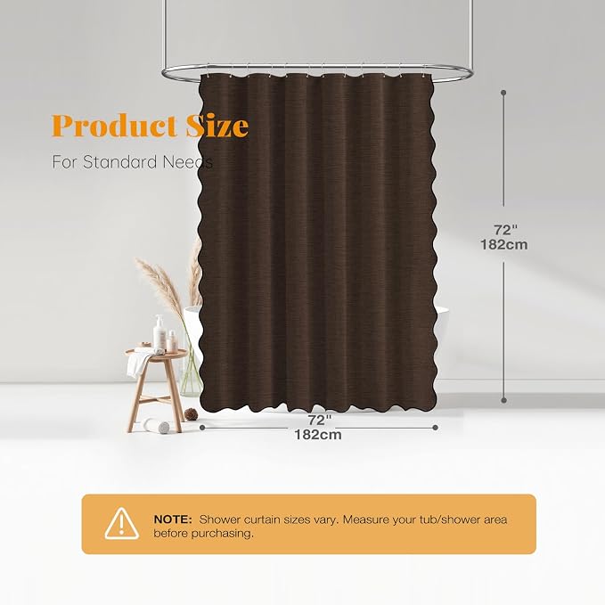 Brown Boho Scalloped Linen Textured Cloth Shower Curtain Set, 72x72 | 230GSM Waterproof Polyester, Heavy Duty Fabric, 12 Plastic Hooks, Modern Farmhouse Style, Machine Washable, Bathroom Decor