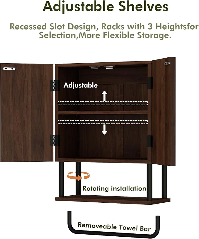 RUSTOWN Fluted Bathroom Wall Cabinet with 2 Doors, 3-Tier Medicine Cabinet | Modern Farmhouse Wall Mounted Cabinets, Over The Toilet Storage Cabinet, Adjustable Shelf and Towel Bar, Small