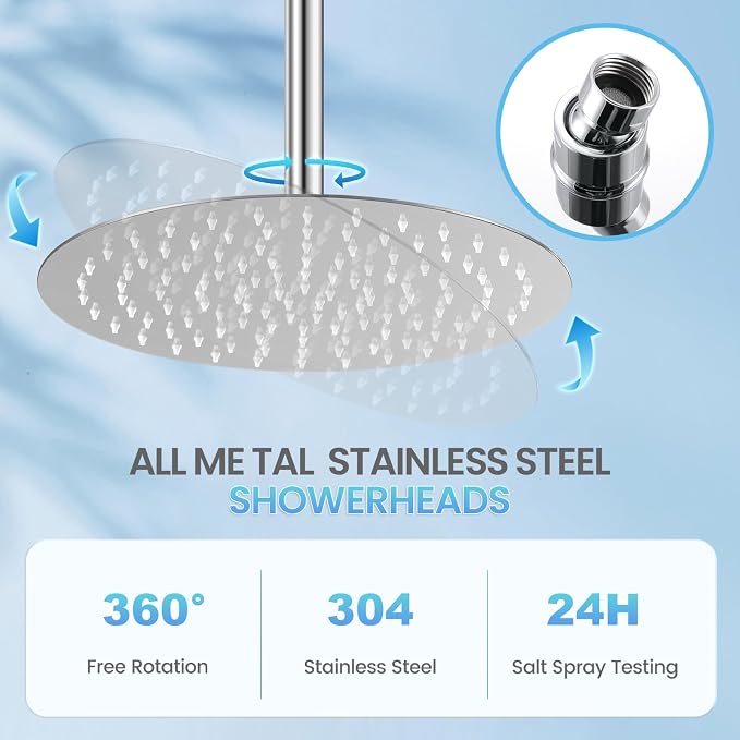 12 inch Ceiling Rainfall Shower Head Chrome - All Metal Stainless Steel Full Body Round Rain Shower with 120 Silicone Nozzles Modern Bathroom