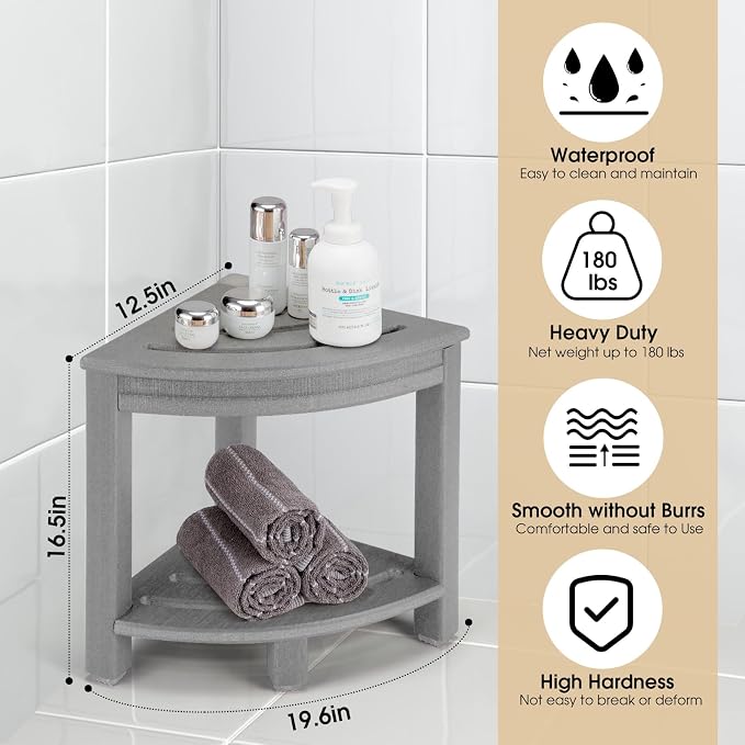 Apolimi HDPE Corner Shower Stool,Shower Bench Seat with Storage Shelf for Shaving Legs Plastic Spa Bath Step Foot Rest for Bathroom Small Place (Grey)