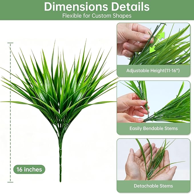 Gipsot 15 Bundles Artificial Plants Faux Monkey Grass UV Resistant No-Fade | Adjustable Height Fake Greenery Indoor & Outdoor Decor for Window Garden Porch Patio Pathway Hanging Planter Front Yard