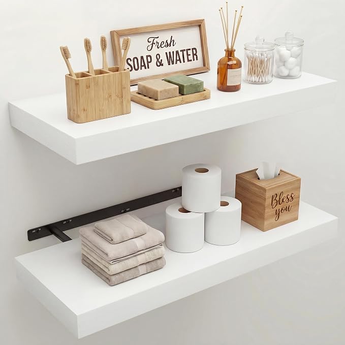 24 in Floating Shelves for Wall Decor Color White,Pack 2 | Modern floating shelves for living room,bedroom,kitchen and bath.Organize & display books,photos and decor.easy mount,sturdy.