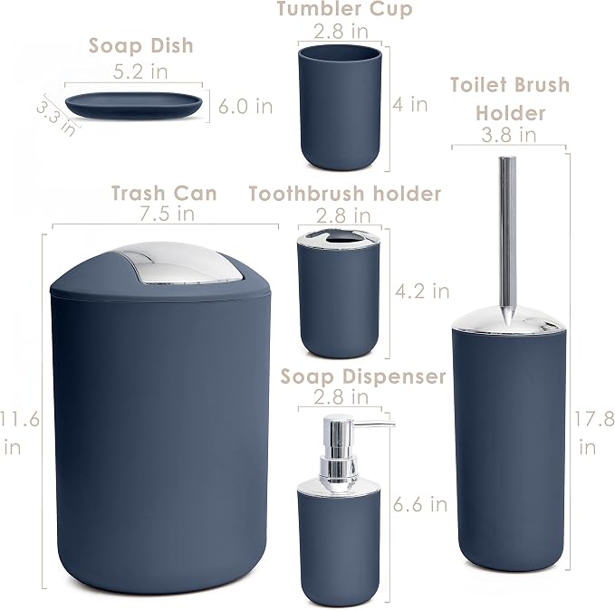 Moss & Stone 6-Piece Blue Bathroom Accessories Set, Soap Dispenser | Modern Plastic Bathroom Set with Toothbrush Holder, Soap Dish, Cup & Trash Can for Countertop Organization and Bathroom Decor