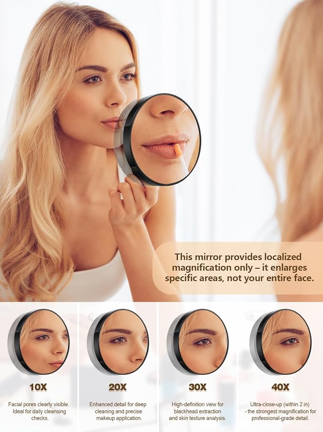 Macaki 30x Magnifying Mirror Suction Cup, Makeup Mirror, 3.5 in, Black | Small Magnifying Mirror, for Home, On the Go or Office, Brows, Contacts, Powerful Suction Cup, Travel Mirror, Tweezers