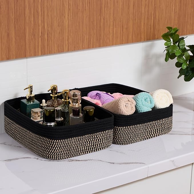 MiniArk Large Shallow Organizing Baskets 15x11x5.1 Inches - Rope Woven Storage Bins for Bathroom, Shelves, Cube Closet, Black Woven Brown 3 Packs