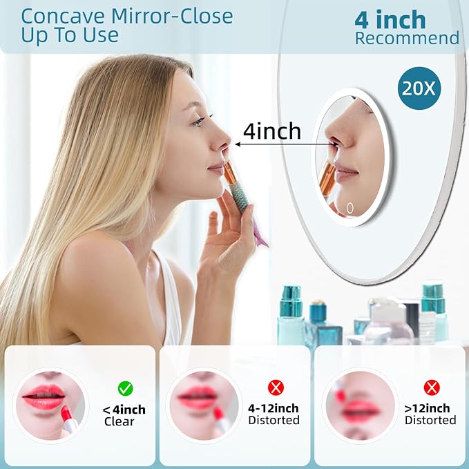 20X Magnifying Mirror with Lights, 20X Magnified Mirror with 3 Suction Cups | 6inch Travel Size, Rechargeable Magnification Mirror with 3 Color Lights Adjustable Brightness - Includes Tweezers & Scissors