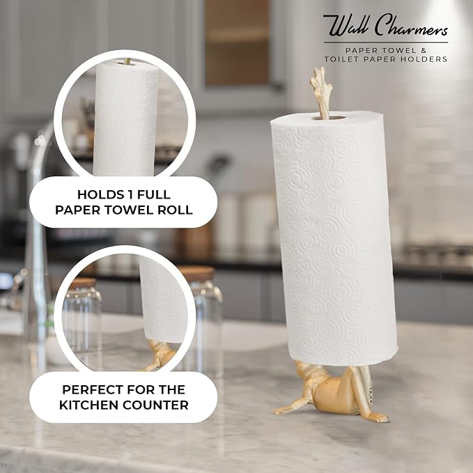 Gold Paper Towel Holder, Metal Toilet or Kitchen Paper Holder for Floor or Countertop, Gold Frog | 18.6 inch tall gold cast iron hand towel holder for kitchen countertop or bathroom with weighted base, no assembly