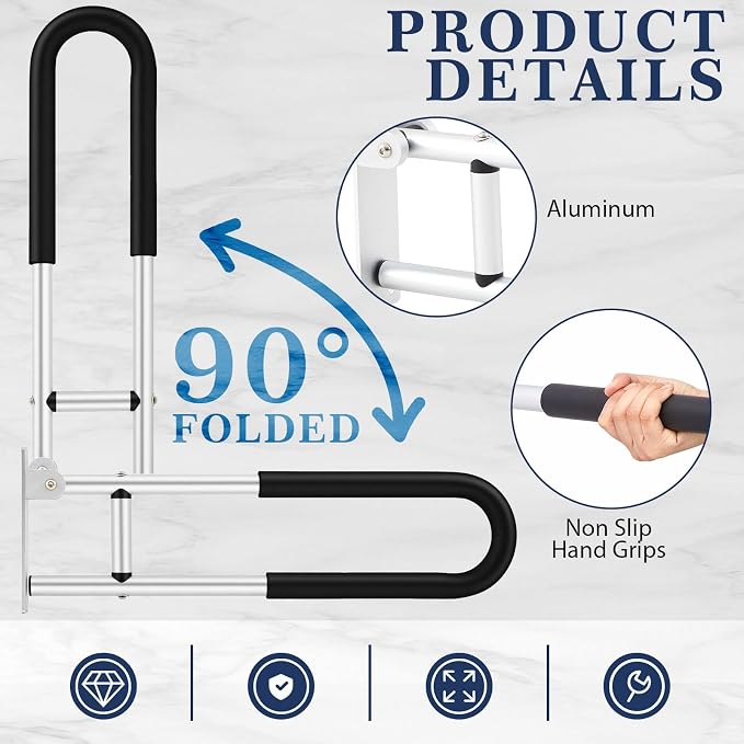 Zonon 2 Pack 23.6 Inch Handicap Grab Bars, Flip up Aluminium Alloy Toilet Safety Rails, Anti Slip with Paper Holder, Bathroom Support Rail for Elderly Disabled Pregnant (Anti-Slip Handle)