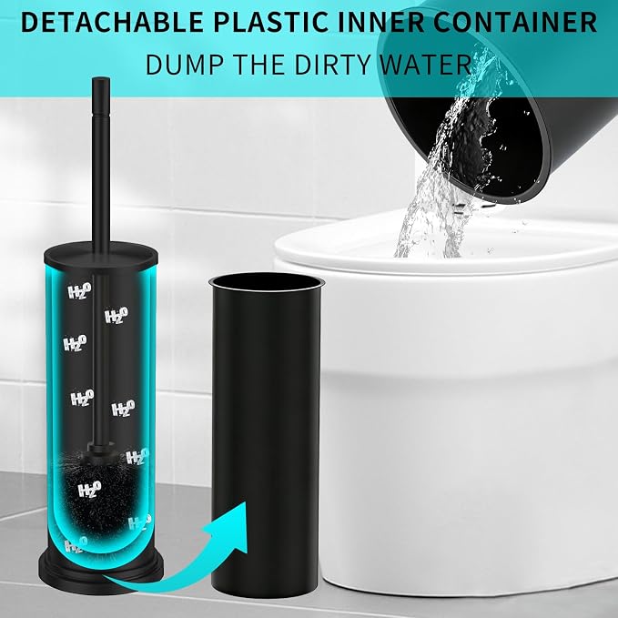 Toilet Brush and Holder Set,304 Stainless Steel Toilet Brush for Bathroom with Long Handle, Heavy Duty Toilet Bowl Brush,Removable Inner Bowl and Splash Protection,Deep Cleaning (Black)