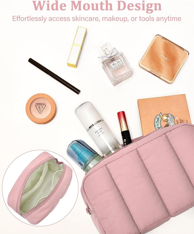 2 Pcs Makeup Bag Travel Toiletry Bag for Women Puffy Padded Cosmetic Pouch Purse Wide-open Makeup Organizer Case Travel Essentials