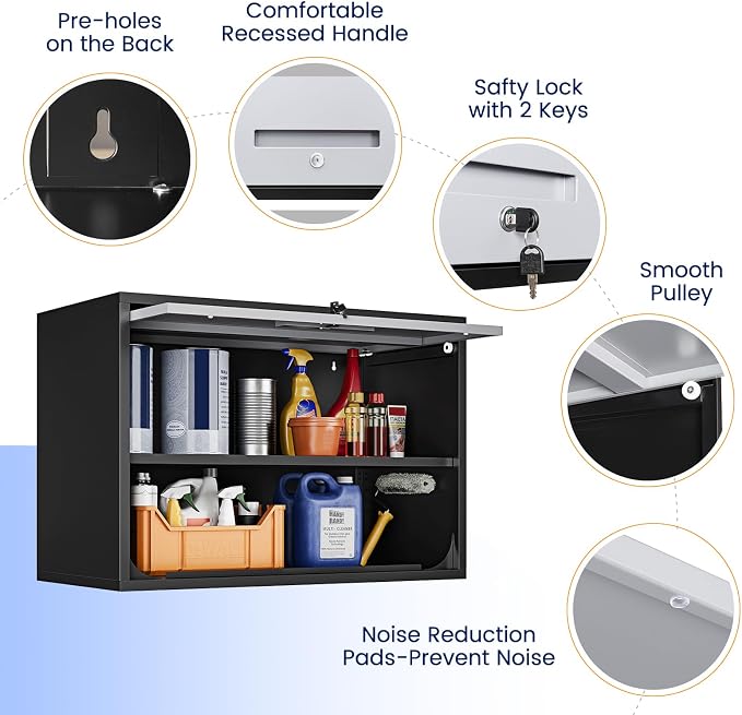 Metal Wall Cabinet with Doors and Shelves, Wall Mounted Storage Cabinet for Garage, Basement, Kitchen, Warehouse (Black Gray, 21.6" H)
