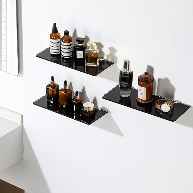 SAYAYO Glass Floating Shelves for Wall, Tempered Glass Shelves for Bathroom | Living Room, Bedroom, Office, Toilet, Kitchen Decor, 12 Inch Set of 3, Black