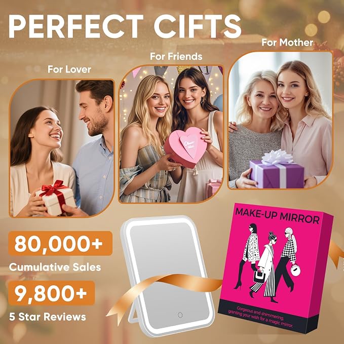 FUNTOUCH 5000mAh Large Lighted Vanity Makeup Mirror with 40X Magnifier | 96 LED Lights Rechargeable 12.1"x 10.2"Large Size,3 Lighting Modes,Adjust Brightness & 360°Rotation,Women's Gift,for Bedroom
