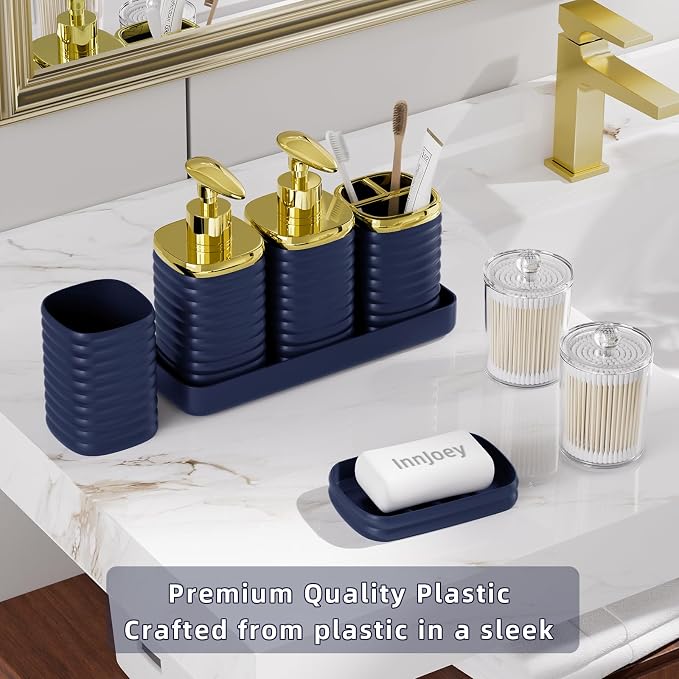 Bathroom Set - 10PC Bathroom Accessory Set, Navy Blue Bathroom Set, Luxury Bathroom Accessories Set, Trash Can, Toilet Brush, Soap Dish, Qtip Holder & Soap Dispenser