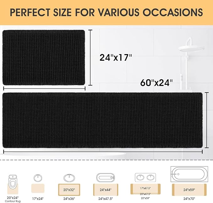 Waffle Bath Mat Set 2 Piece Black,Woven Modern Bath Rug Mats, Absorbent Non Slip Bath Floor Mat, Soft Washable Boho Bath Rugs with Tassels for Bathroom, Bedroom, Kitchen,Tub