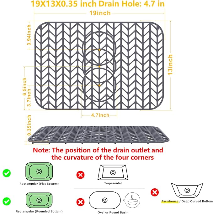 Sink Protectors for Kitchen Sink19"x13" 3 Reserved Holes Silicone Sink Mat | Various sizes and styles,Free-form cutting,Holes for different positions,Protector for sinks and dish,Food-grade silicone