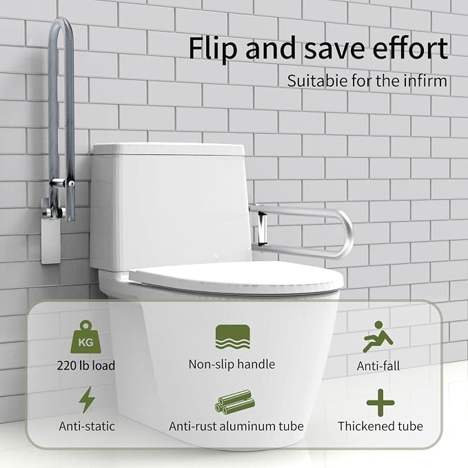 28 Inch Toilet Grab Bar Flip Up Aluminum Handicap Rails Grab Bars Load Capacity of 100 kg 220 lbs Toilet Rail Bathroom U Shaped and Wall Mount Safety for Pregnant Injured Patients 28 in Silver