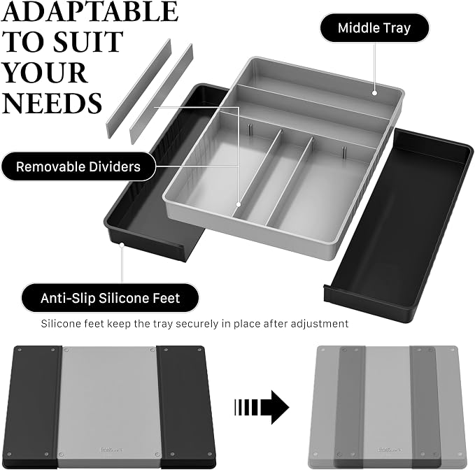 Simple Houseware Expandable Kitchen Drawer Flatware Organizer, Black/Gray | Expandable & Adjustable Cutlery Drawer Organizer - Large Utensil and Flatware Tray for Kitchen Drawers