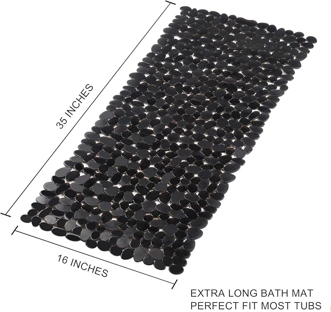 WELTRXE Non Slip Bathtub Mat 35 x 16 Inches Pebbles Shower Mats with Suction Cups, Drain Holes for Bathroom Showers, Tub, Machine Washable Bathroom Mats BPA, Latex Free Safe Tub Mats - Black