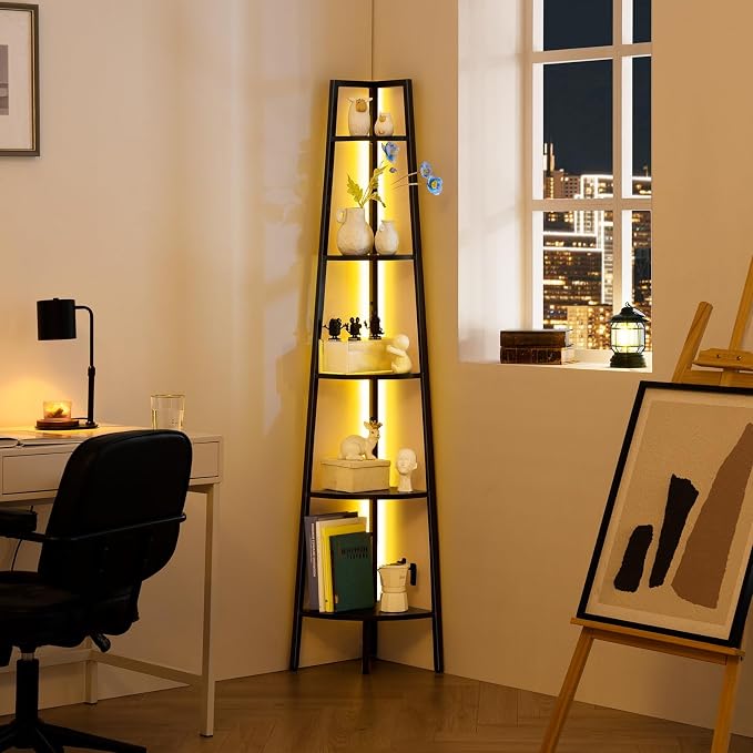 Yoobure Corner Shelf Stand, 5-Tier Bookshelf with LED Lights & Steel Frame, Tall Storage Shelves for Living Room, Bedroom, Office, Multi-Purpose Display Bookcase