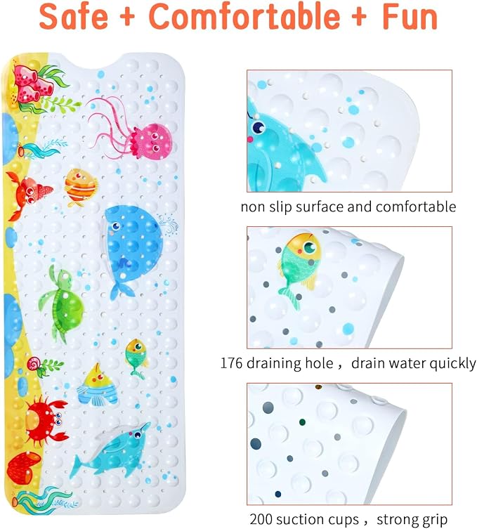 Secopad Bathtub Mat Non Slip, Cute Bath Tub Mat, 40" x 16", Little Whale | Rectangular, Anti-Slip, Machine Washable, with Drain Holes and Suction Cups,For Bathtub and Shower Floor, for Toddler & Kids