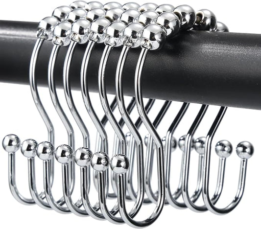 Shower Curtain Hooks, OEH Shower Curtain Rings, Chrome Shower Curtain Hooks Rust Proof, Smooth Gliding Metal Shower Curtain Rings Rust Proof, Double Shower Hooks for Shower Curtain, 12 Pcs, Chrome