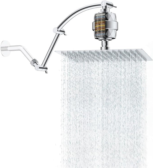 Hibbent 12'' Filtered Rain Shower Head with 16'' Extension Arm, Chrome | High Pressure Rainfall Showerhead, Brass Adjustable Shower Head Extension Arm, 20 Stage Shower Filter, Fixed Showerheads