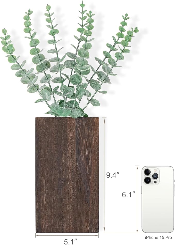Dahey 2 PCS Wall Planter Vase with Fake Plants for Farmhouse Wall Art Decor | Lightweight Wood, Realistic Artificial Eucalyptus, Cute Hanging Decor for Bathroom Living Room Bedroom Entryway Office, Brown