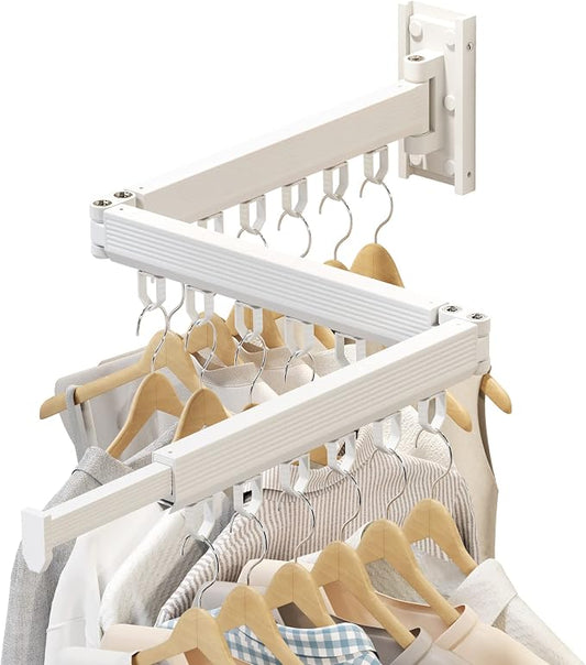 Wall Mounted Foldable Clothes Drying Rack, Heavy Duty 3-Fold Laundry Airer with Ring Hook Design, Space Saving Aluminum Rack for Balcony Bathroom Laundry Room,White Rings