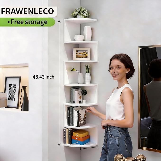 7-Tier Corner Shelf Wall Mount, Screw-Mounted Floating Bookshelf with Enhanced Support, Space-Saving Zigzag Shelf for Bedroom, Living Room, Office, Garage – (White)