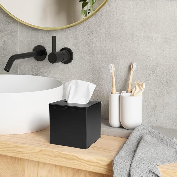 JunSun Square Tissue Box Cover Tissue Box Holder Napkin Holder Tissue Cube Box Decorative Holder for Bathroom Bedroom Office Dresser Nightstand Desk Tabletop 5"X 5" X 5"-Stainless Steel Matte Black