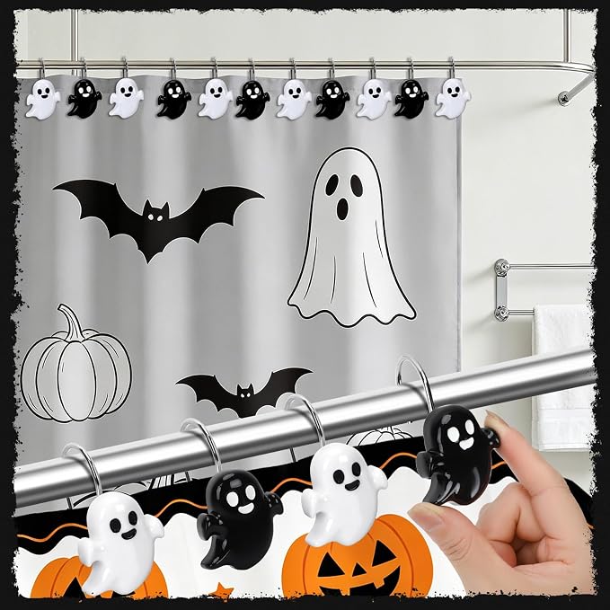 Halloween Shower Curtain Hooks 12 Pcs Ghost Pumpkin Decor Set | Resin Metal Standard Size, Smooth Gliding Rustproof, Bat Skull Spider Cat Designs, Bathroom Festive Home Accents
