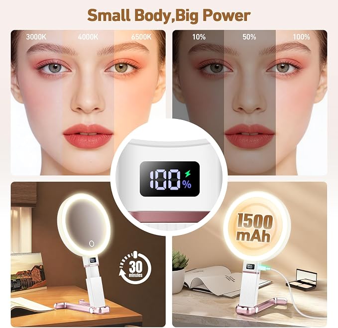 30X Travel Magnifying Mirror with Light, Height Adjustable Vanity Mirror with Phone Holder Stand, Portable Compact Handheld Makeup Mirror with Smart Display for Travel, Daily Makeup Use, Rosegold