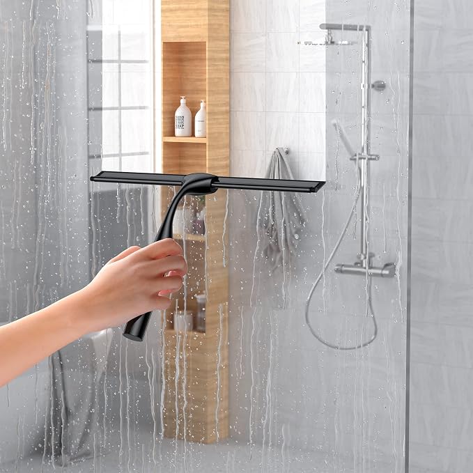 Shower Squeegee for Glass Doors, 10-Inch Stainless Steel Squeegee Bathroom Doors Mirror Car Windows with Matching Hooks Holder and Replacement Blade (Black)