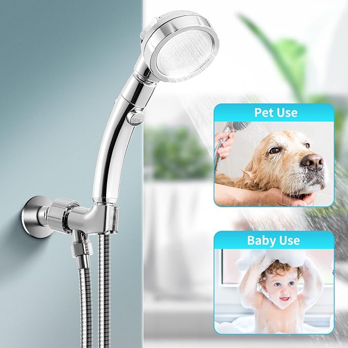 Marbrasse High Pressure Shower Head with Hose and Holder, 3-Settings Handheld Showerhead with Push Switch and Button to Control Water Flow for Saving Water,Removable Camper Shower Head