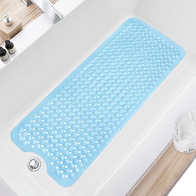 TEESHLY Bath Tub Shower Mat, Non Slip Bathtub Floor Liner Mats with Suction Cups and Drain Holes, Machine Washable Bathmat for Bathroom Floor Safety, 40 x 16 Inch, Sky Blue