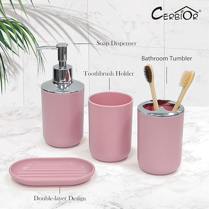 CERBIOR Bathroom Accessories Set 6 Piece Bath Ensemble, Blush Pink | Includes Soap Dispenser, Toothbrush Holder, Toothbrush Cup, Soap Dish for Decorative Countertop and Housewarming G
