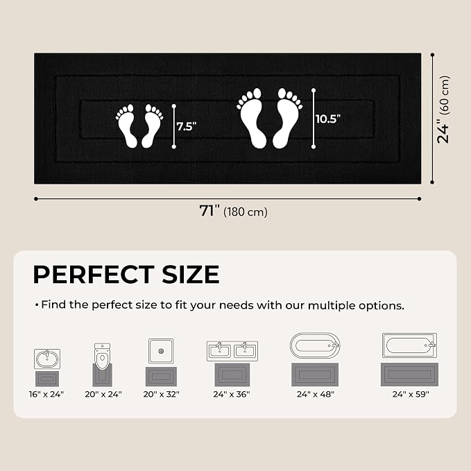 GRANNY SAYS Black Bathroom Rug 71" x 24", Non-Slip Microfiber Bath Mat | Ultra-soft, durable TPR backing for reliable grip, fast water absorption, machine washable for Vanity, Shower, Tub