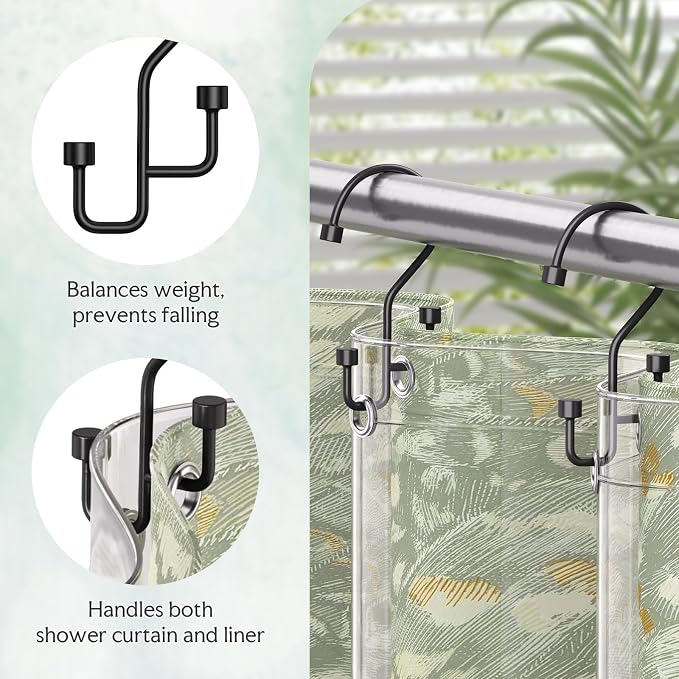 Bathway 12-Pack Double Shower Curtain Hooks, Rust-Resistant Metal Shower Curtain Rings with High-Low Design to Separate Liner & Curtain, Smooth Glide, Black