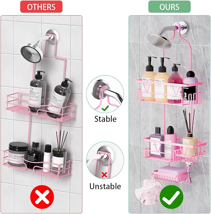 DAOYA Hanging Shower Caddy Over Shower Head, Anti-Swing Shower Organizer For Inside Shower With 2 Soap Holders, Multi Hooks, Rustproof Bathroom Accessories, Pink