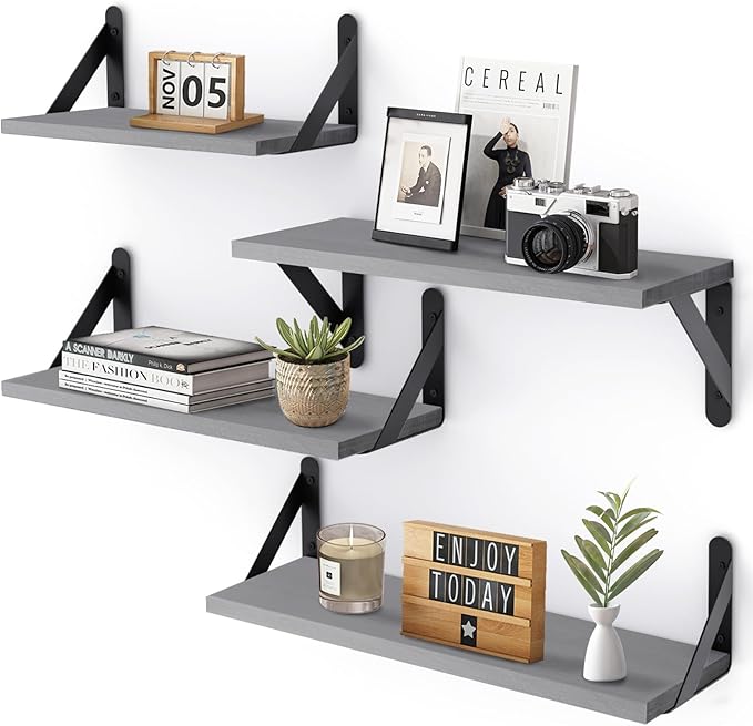 YGEOMER 4 Different Sizes Floating Shelves for Wall Home Decor, Grey | Rustic wood shelves in mixed sizes for flexible combined storage. Fits bathroom, kitchen, living room, bedroom and office.