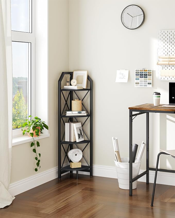 4-Tier Corner Shelf, Industrial Corner Bookshelf, 47.6" Corner Storage Stand, Plant Stand Display Shelf, Corner Bookcase for Bedroom, Living Room, Home Office, Black TCJ09BB