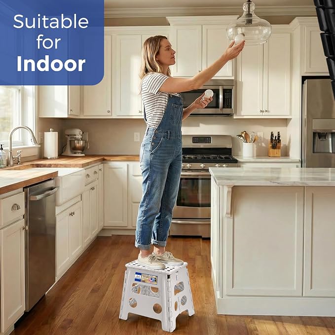 ACKO Folding Step Stool 13 Inch, Heavy Duty for Adults and Kids, White | Collapsible Foldable Stools, Non-Slip Surface Foot Stepping stool for Kitchen Bathroom Outdoor, Holds 300 lb, Built-in Handle