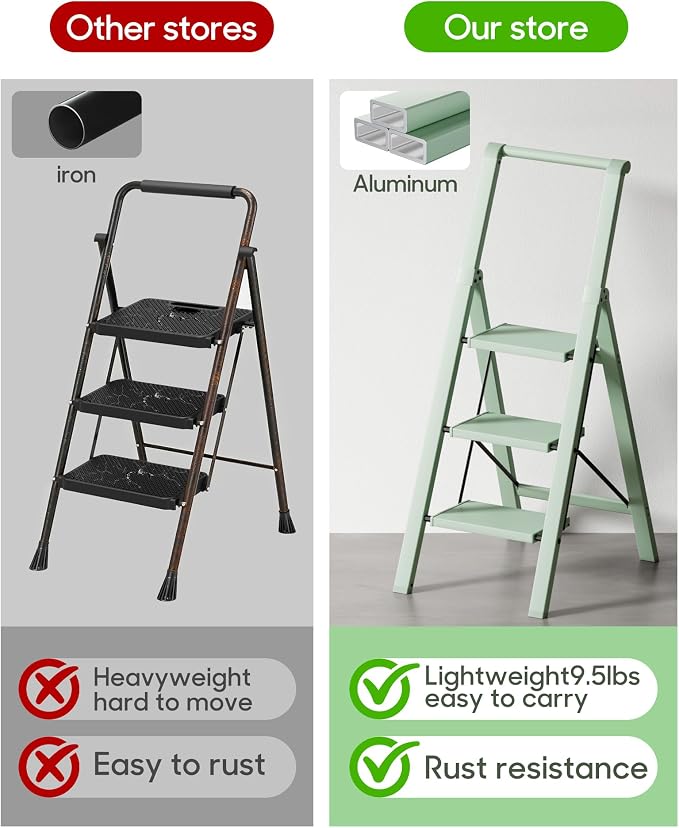 HillhutApex Aluminum 3 Step Ladder, Step Stool Foldable Ladder(Pale Green) | Stepladder with Handgrip,Anti-Slip Pedals,330lbs Capacity,Lightweight Folding Ladder for Home,Office,Libaray