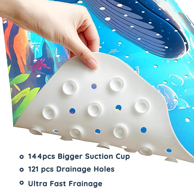 LNOND Bath Mat for Tub for Kids, Ocean Bathtub mat Non Slip,Blue Whales Bath Mats for Bathroom Non Slip with Drain Holes and Suction Cups,Machine Washable (40 X 16 Inch)